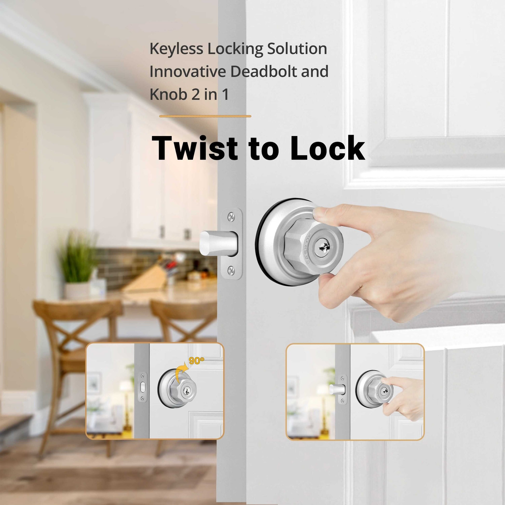 EASILOK E4 twist to lock deadbolt without any keys for front door knob lock Silver 3 Packs