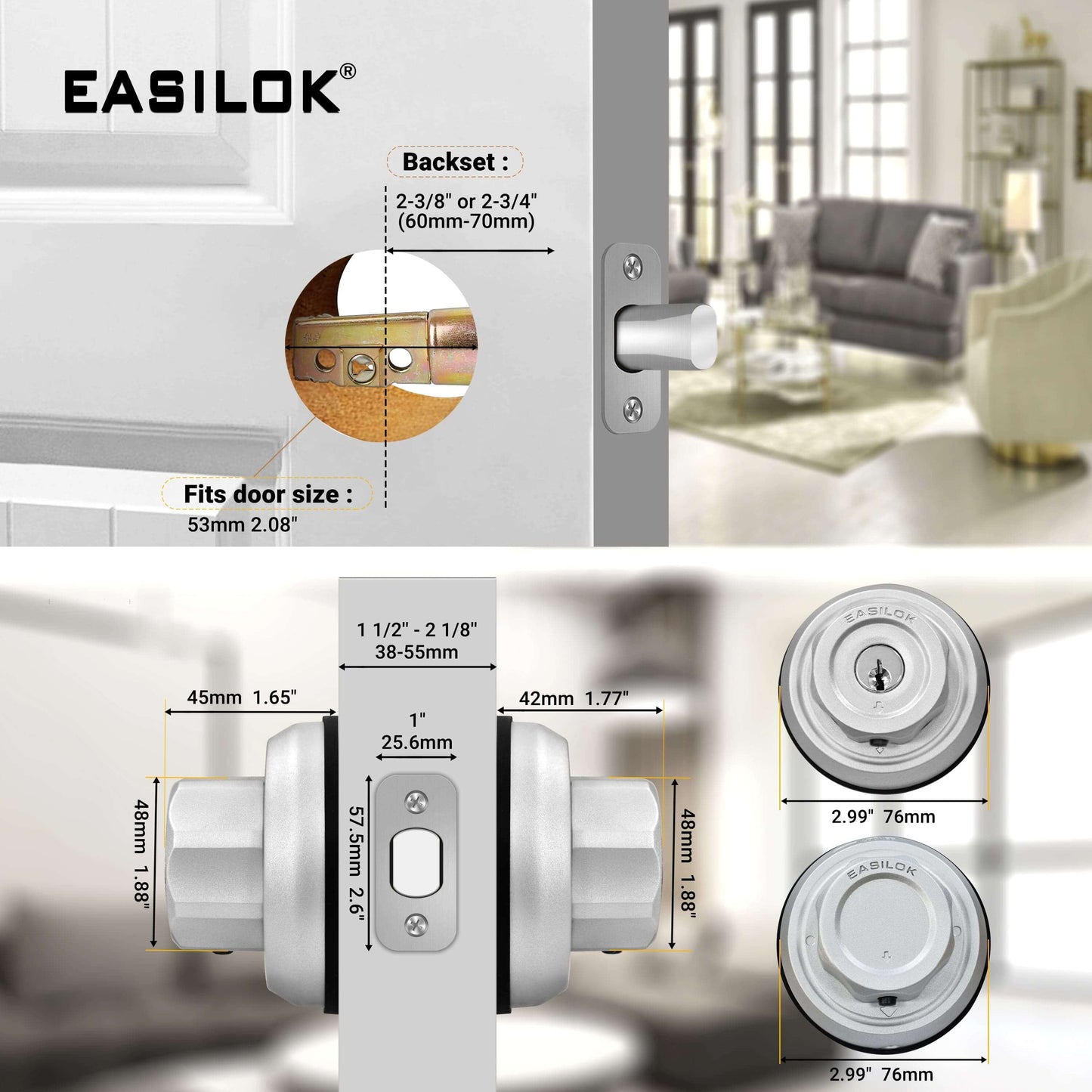 EASILOK E4 twist to lock deadbolt without any keys for front door knob lock Silver 2 Packs