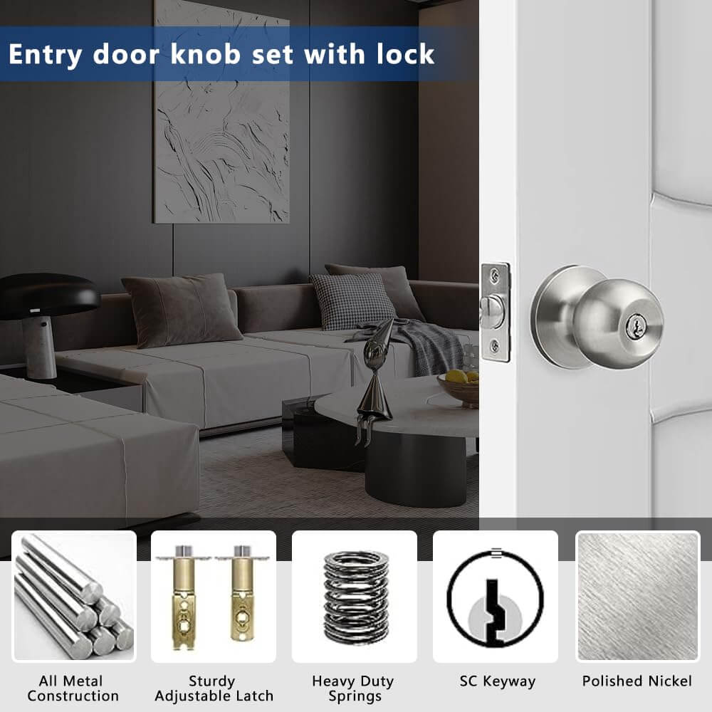 EASILOK Keyed Entry Door Knob with Lock Interior and Unidirectional knob Door Lock Standard Ball Satin Nickel