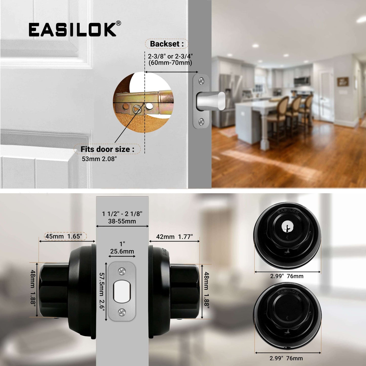 EASILOK E4 twist to lock deadbolt without any keys for front door knob lock Black 2 Packs