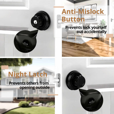 EASILOK E4 Twist-to-Lock Deadbolt Lock Keyless, Single Cylinder with Unpickable Night Latch &Anti-Mislock Button,Zinc Alloy, Black