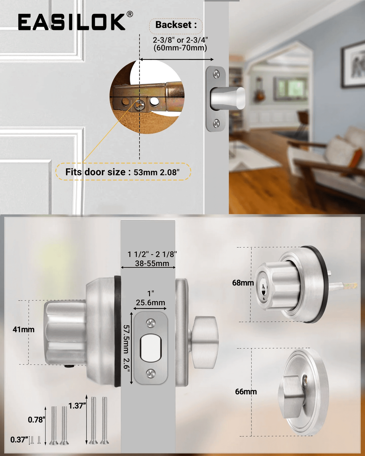 EASILOK A3  twist to lock deadbolt without any keys for front door knob lock silver