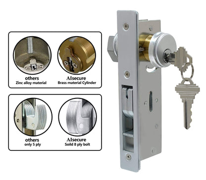 Storefront Door Lock Alsecure Commerical Door Mortise Lock for Aluminum Shop Doors, Hookbolt, 31/32" BACKSET Silver