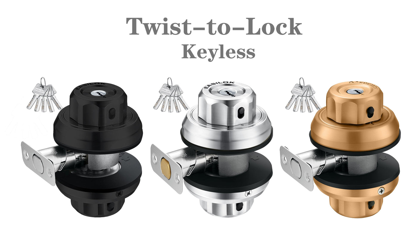 EASILOK E2 Twist to Lock deadbolt Lock keyless, Keyed Alike 2 Packs, with Anti-Mislock Button and Unpickable Night Latch, 304 Stainless Steel, Single Cylinder with 10 Dimple Keys, Black