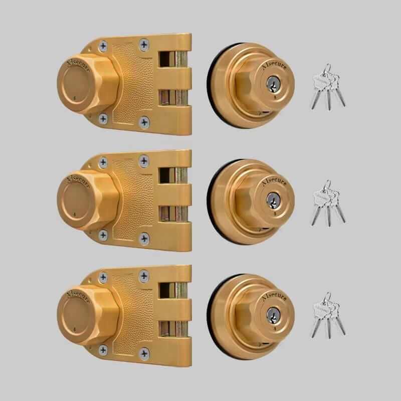 AIsecure Twist to Lock Jimmy Proof Deadbolt Lock Keyless,3 Packs, Keyed Alike, with Unpickable Night Latch&Anti-Mislock Button,304 Stainless Steel, SC Keys,Brass