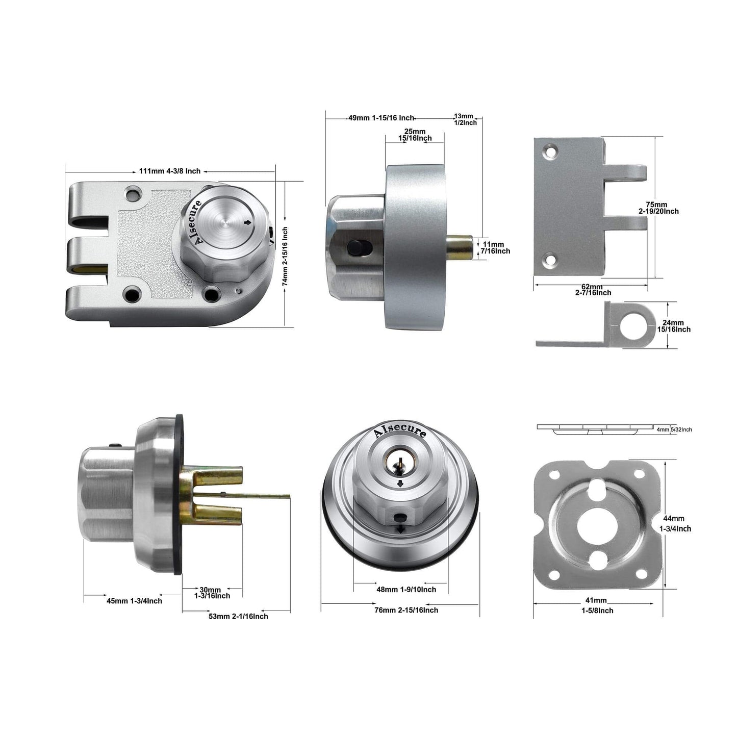 AIsecure Twist to Lock Jimmy Proof Deadbolt Lock Keyless, 2 Packs, Keyed Alike, with Unpickable Night Latch&Anti-Mislock Button,304 Stainless Steel, SC Keys,Silver