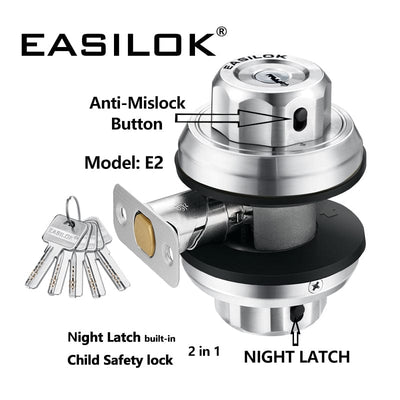 EASILOK E2 Twist to Lock deadbolt Lock keyless, Keyed Alike 2 Packs, with Anti-Mislock Button and Unpickable Night Latch, 304 Stainless Steel, Single Cylinder with 10 Dimple Keys, Silver