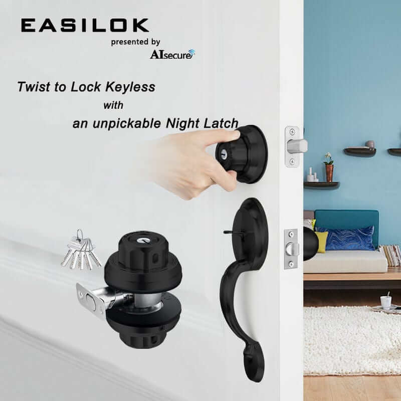 EASILOK E2 twist to lock deadbolt without any keys for front door knob lock Black(Dimple key)