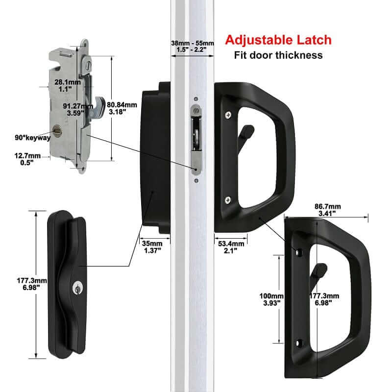 EASILOK A10-Basic Sliding Glass Door Handle Set with Key Cylinder and Mortise Lock, Patio Door Lock Replacement, Fits 3-15/16''Screw Hole Spacing, Matte Blcak