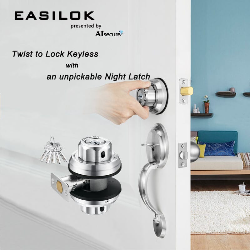 EASILOK E2 Twist to Lock deadbolt Lock keyless with Anti-Mislock Button and Unpickable Night Latch, 304 Stainless Steel, Single Cylinder with 5 Dimple Keys,Silver