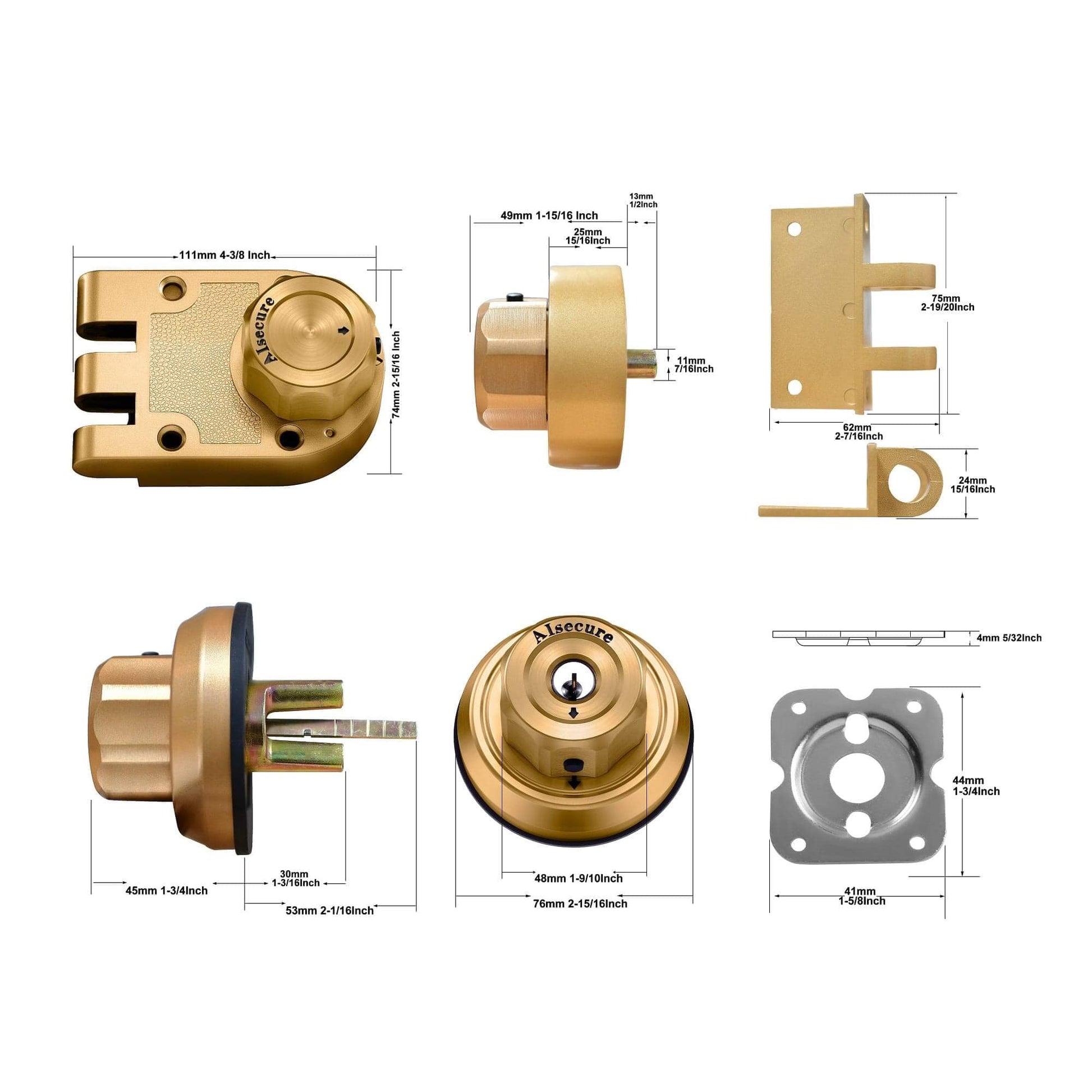 AIsecure Twist to Lock Jimmy Proof Deadbolt Lock Keyless with Unpickable Night Latch&Anti-Mislock Button,304 Stainless Steel, SC Keys,Brass