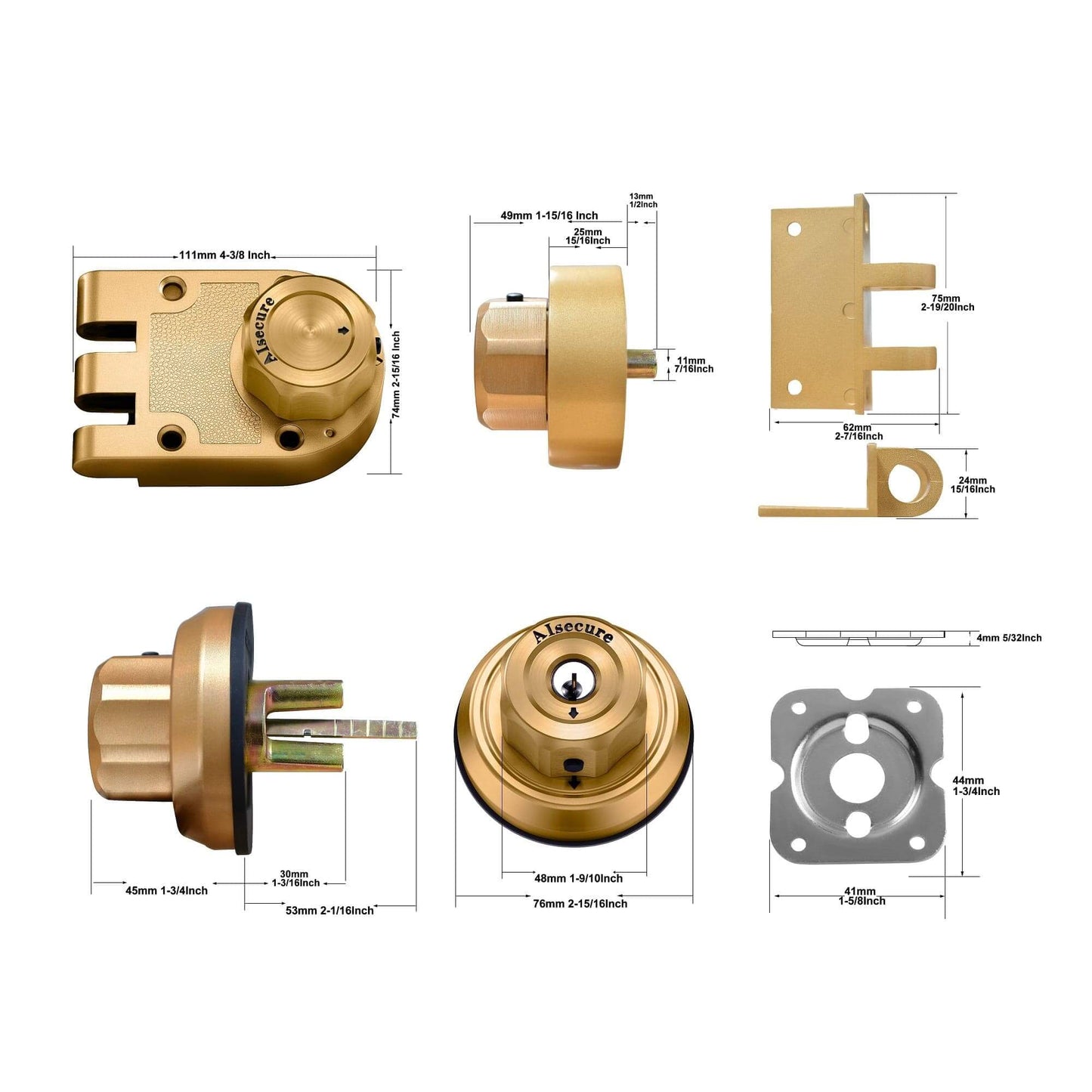 AIsecure Twist to Lock Jimmy Proof Deadbolt Lock Keyless,3 Packs, Keyed Alike, with Unpickable Night Latch&Anti-Mislock Button,304 Stainless Steel, SC Keys,Brass