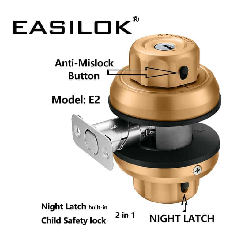 EASILOK E2 Twist to Lock deadbolt Lock keyless with Anti-Mislock Button and Unpickable Night Latch, 304 Stainless Steel, Single Cylinder with 5 Dimple Keys, Brass