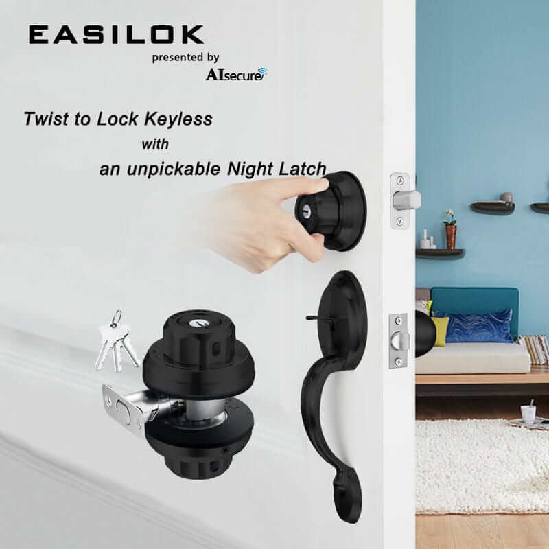 EASILOK E2 twist to lock deadbolt without any keys for front door knob lock Black 2 Packs(SC key)