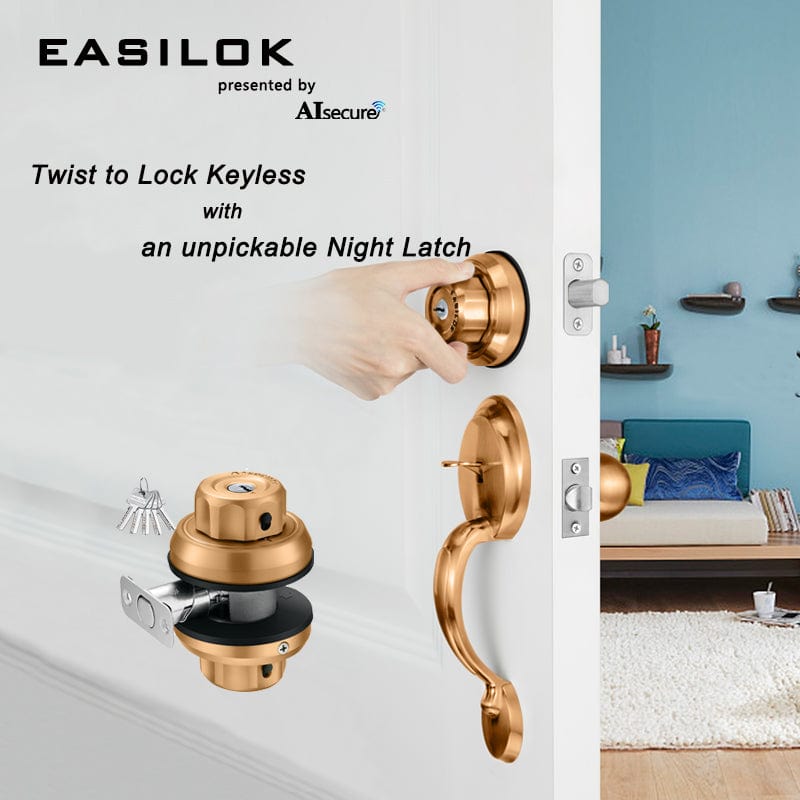 EASILOK E2 Twist to Lock deadbolt Lock keyless with Anti-Mislock Button and Unpickable Night Latch, 304 Stainless Steel, Single Cylinder with 5 Dimple Keys, Brass